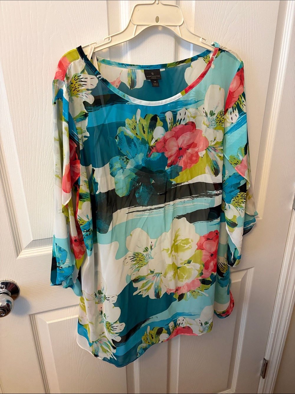Worthington Bright Teal & Coral Floral Tunic with white camisole